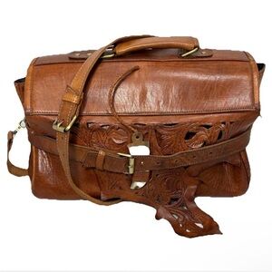 Vintage Hand Tooled Leather Filigree Messenger Crossbody Bag